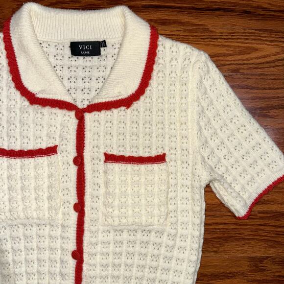 VICI Quiet Luxe Knit Cream Contrast Trim Cardigan Sweater Size Large - Picture 10 of 14